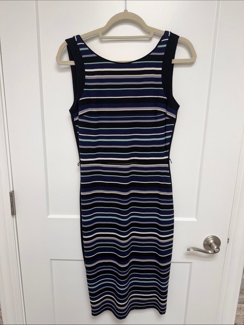 WHBM Black & Navy & gray & green Striped Midi Sheath Dress- needs belt